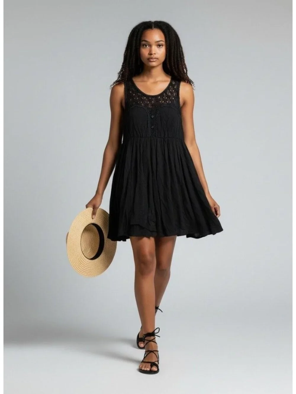 Free People Black Sleeveless Sweetheart Lace Neckline Mini Dress LBD Sz M
